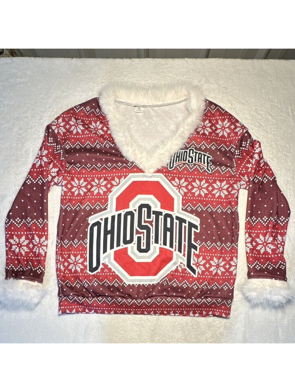 Ohio State Buckeyes Red/White/Black  V-Neck Fur Sweatshirt M EUC